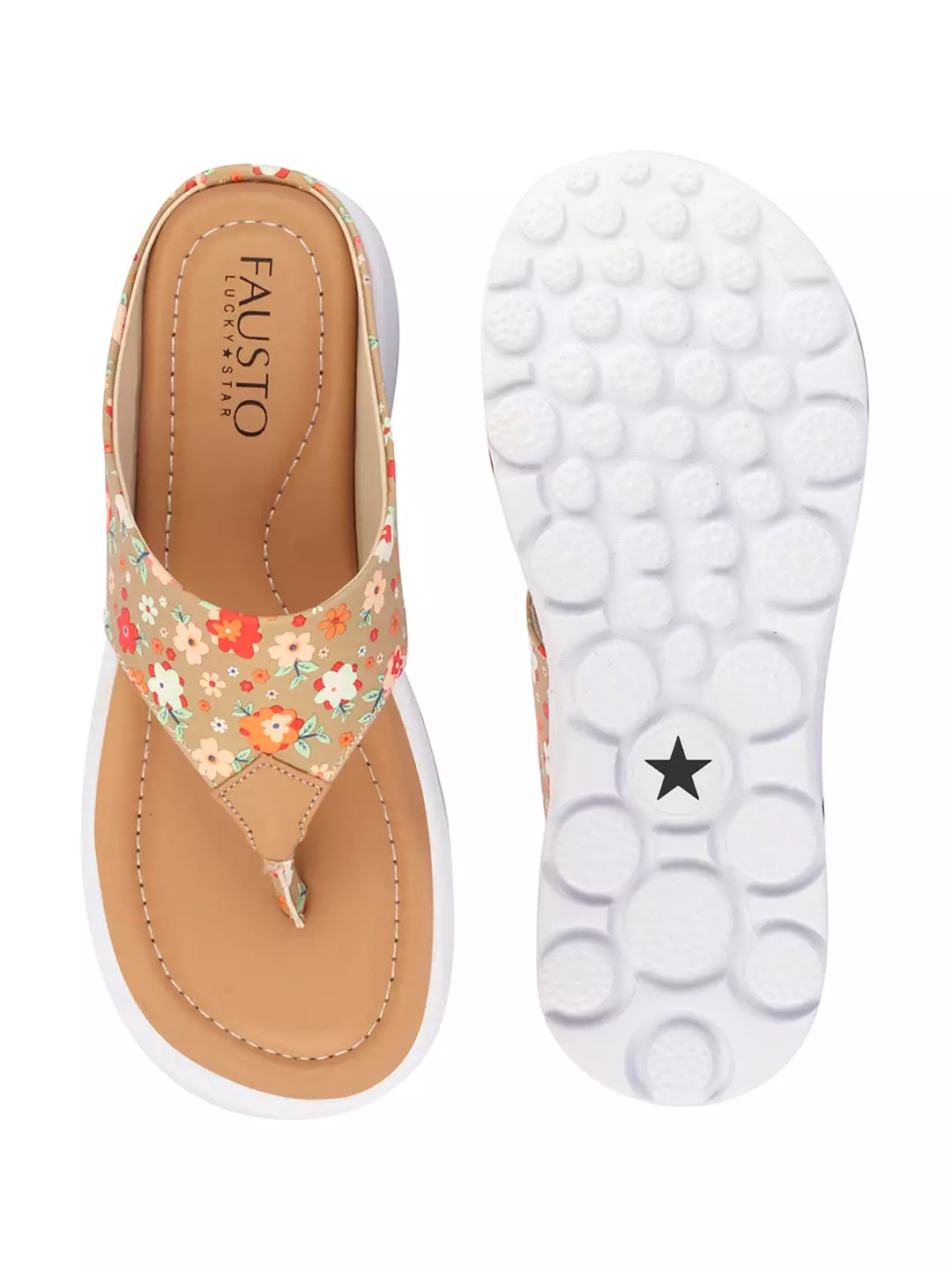 Women Tan Comfort Fashion Stylish Floral Print Design Strap Thong Flats Wedges Slipper